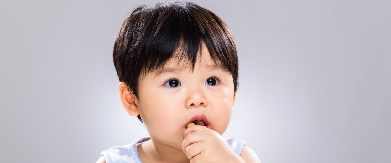 13 month old Asian boy with dark straight hair wearing a blue and white striped tank top looking at camera with something in his mouth he is taking a bite out of