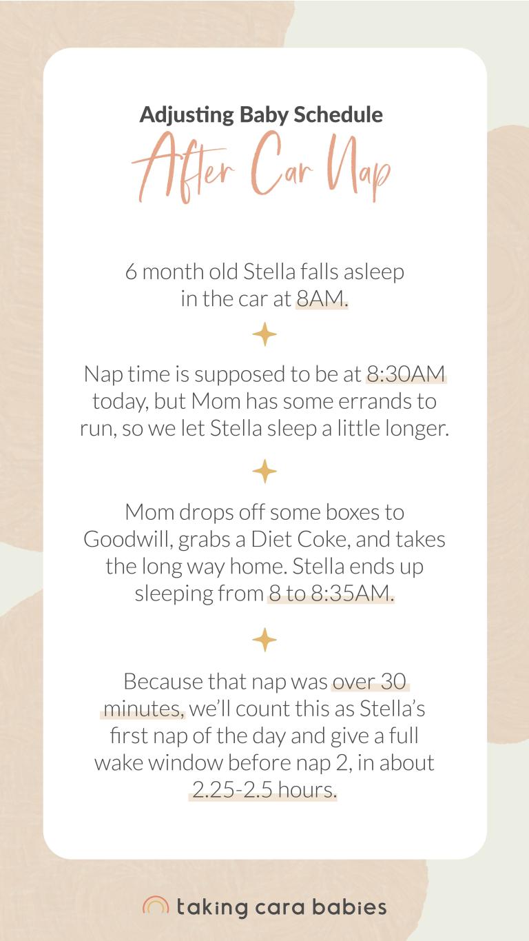 Adjusting Baby Schedule After Car Nap: 6 month old Stella falls asleep in the car at 8AM. Nap time is supposed to be at 8:30am today, but Mom has some errands to run, so we let Stella sleep a little longer. Mom drops off some boxes to Goodwill, grabs a Diet Coke and takes the long way home. Stella ends up sleeping from 8 to 8:35am. Because that nap was over 30 minutes, we'll count this as Stella's first nap of the day and give a full wake window before nap 2 in about 2.25-2.5 hours.