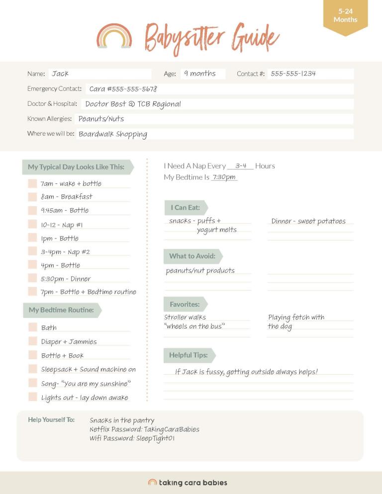 filled out example guide to leave with a babysitter caring for a baby 5–24 months
