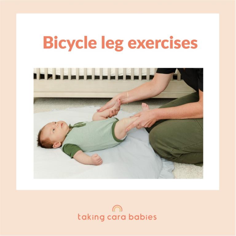 newborn lying on back with adult gently holding legs and moving them in bicycle motion