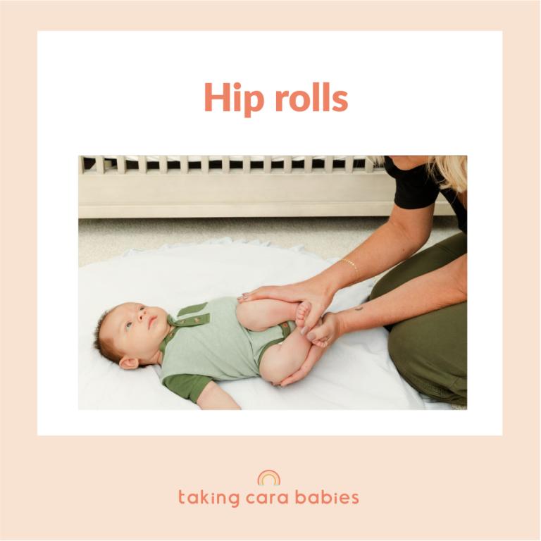 newborn lying on back with knees bent and thighs gently being pushed towards belly by adult while rolling hips to one side