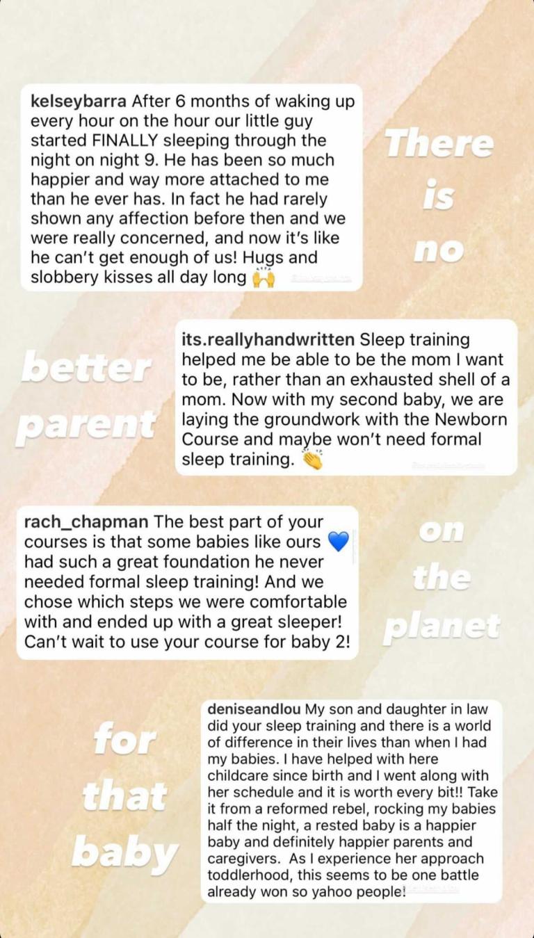 four different testimonials from families sharing their success and celebrating baby sleeping through the night