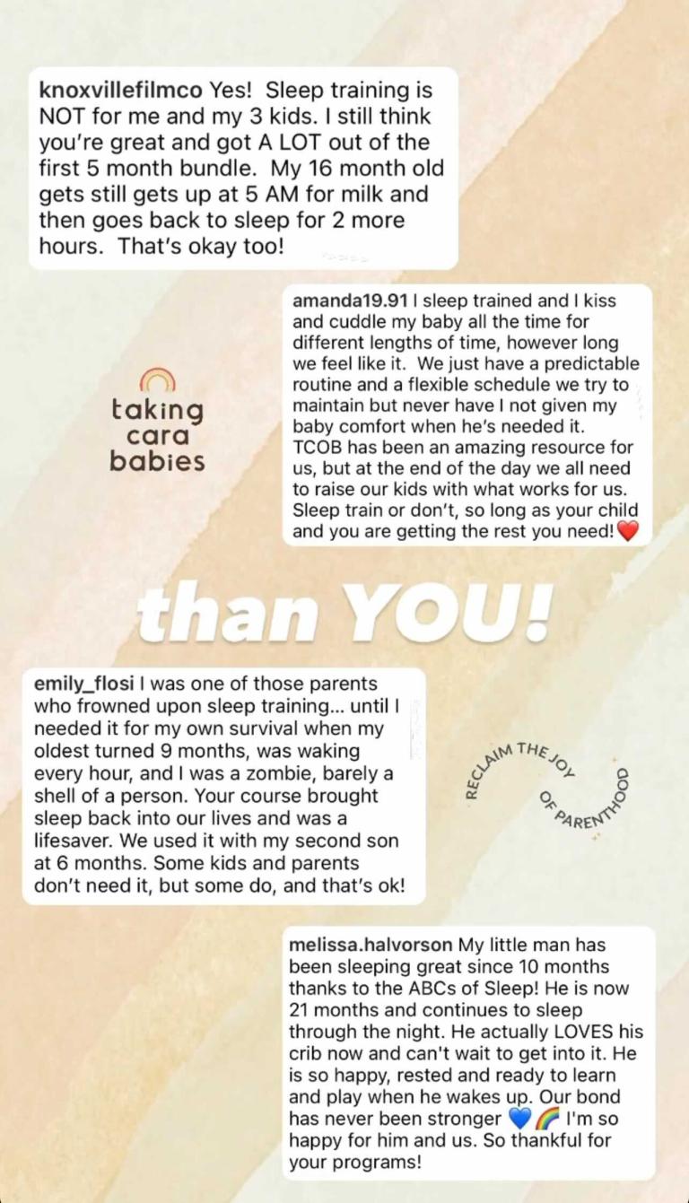 four different testimonials from families sharing their success and celebrating baby sleeping through the night