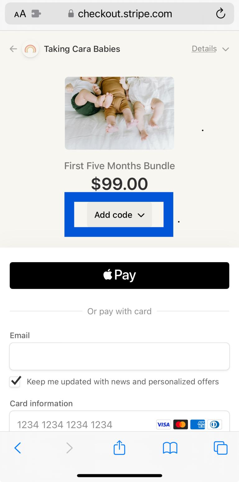 screen shot of mobile checkout page with "Add code" button indicated