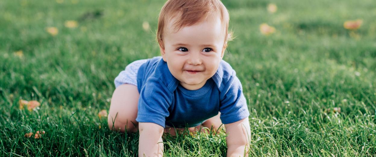 baby crawling through spring green grass wearing blue shirt and shorts