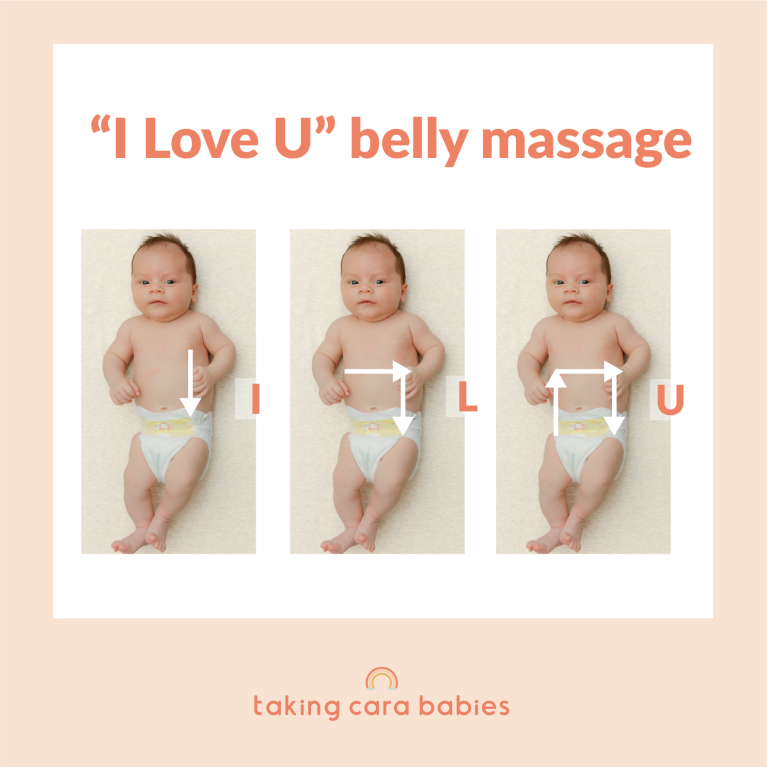 three images of newborn baby with arrows demonstrating direction of I Love U Massage