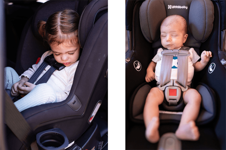 two pictures side by side showing a toddler in one and a newborn in the other sleeping safely in car seats